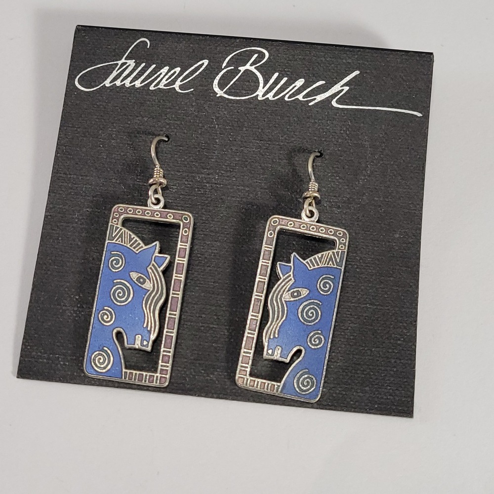 Laurel Burch Mare Earrings Women Blue Silver Tone Enamel Horse Drop Dangle